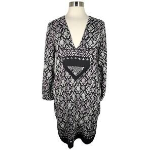 A Common Thread Silk Printed V-Neck Dress L Black White Long Sleeve Boho